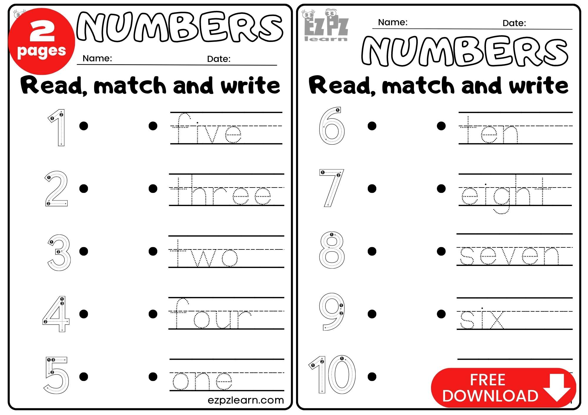 Numbers 1 To 10 Read, Match And Write Worksheet PDF Download ...